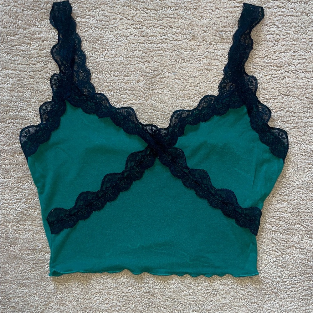 Green Lace Trim Crop Top